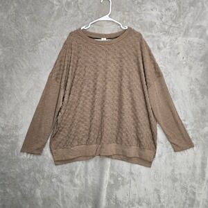 Like Love Women 2X Brown Crew Neck Casual Sweater Cozy Checker Textured Stretchy